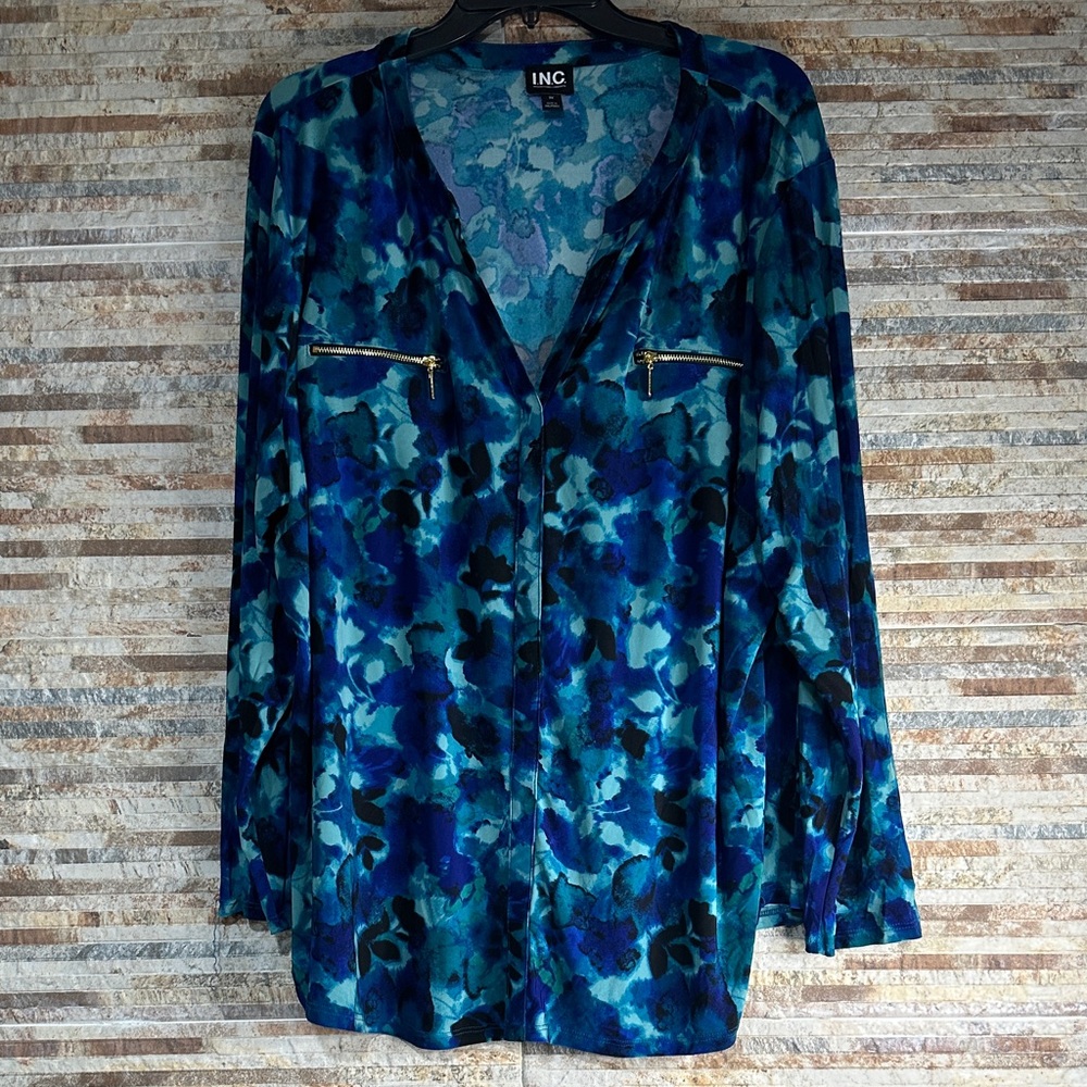 INC International Concepts Women's Blue and Black Patterned Blouse